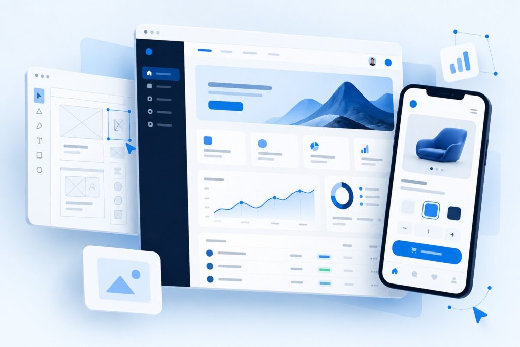 Concept illustration of desktop and mobile interface designs with a wireframe board